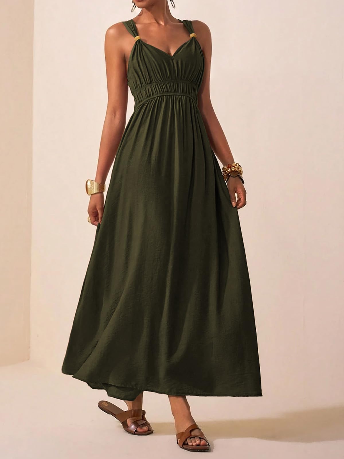 LIAMERHE Robe Longue Femme Été Chic et Élégante - Robe Maxi Décontractée Col en V sans Manches Robe de Plage Bohème Vintage Taille Haute Élastique pour Vacances Fête Quotidien
