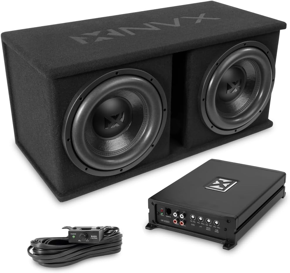 NPKG212 1000W MAX (500W RMS) Loaded Dual 12" Subwoofer with Slot Ported Enclosure and Monoblock Amplifier with Remote Bass Knob