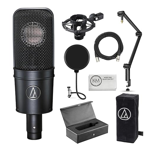 Audio-Technica AT4040 Studio Microphone Bundled with Professional Microphone Arm + 20 Ft XLR Cable + Wind Screen Pop Filter + Cleaning Cloth (5 Items) - AT4040 + Arm + Pop Filter & Cable