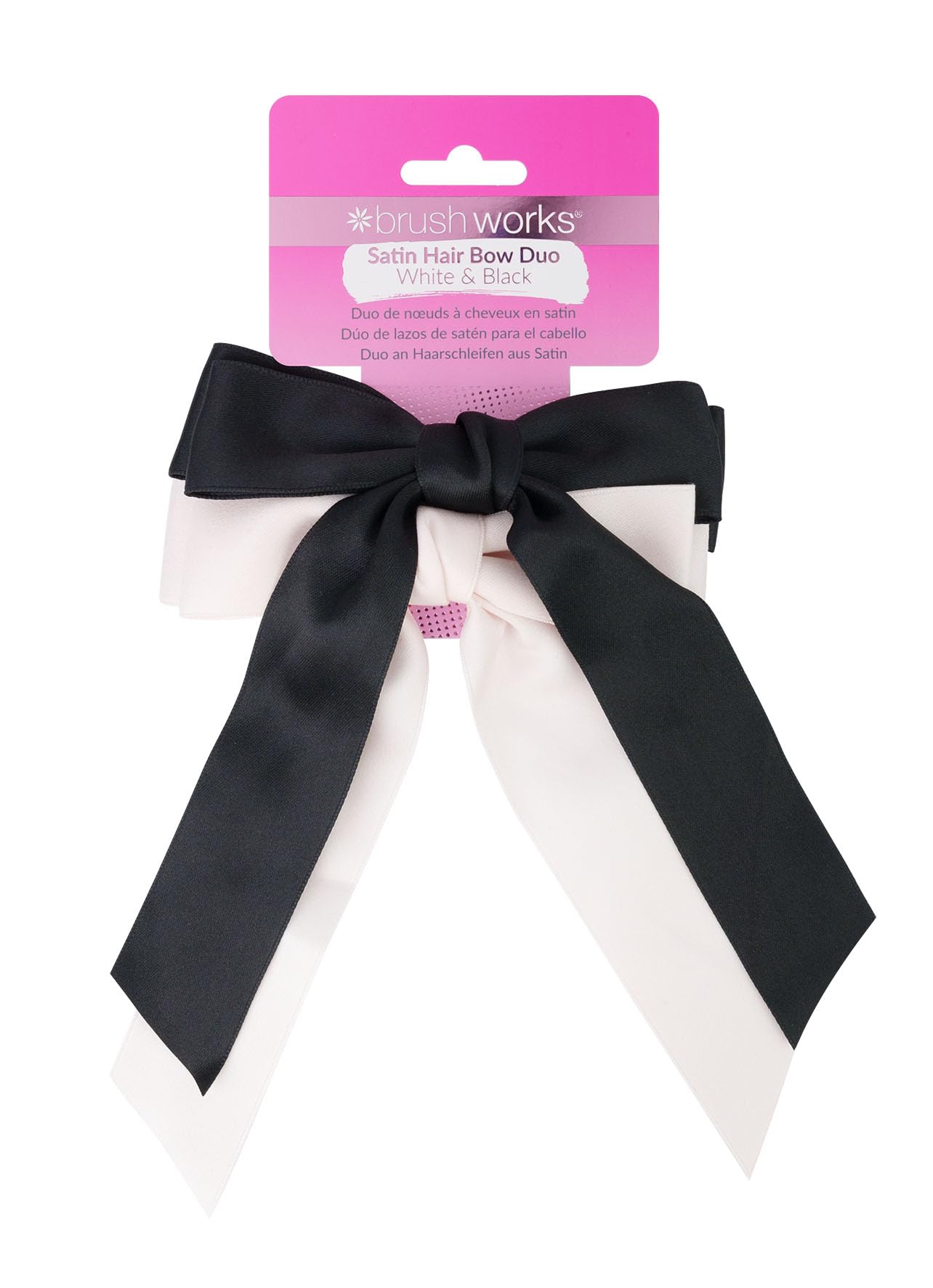 Brushworks Satin Hair Bow Duo – Black & White Hair Accessories for Women, Elegant Satin Bows with Secure French Barrette Clip