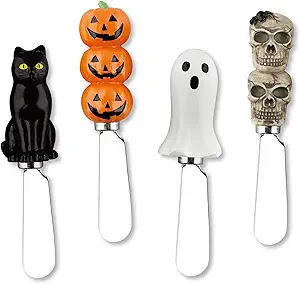 Supreme Housewares Halloween Themed Cheese Spreaders, Hand-Painted Resin Handles with Stainless Steel Blades for Spreading Cream Cheese, Butter, and Jam, Assorted Designs, Set of 4