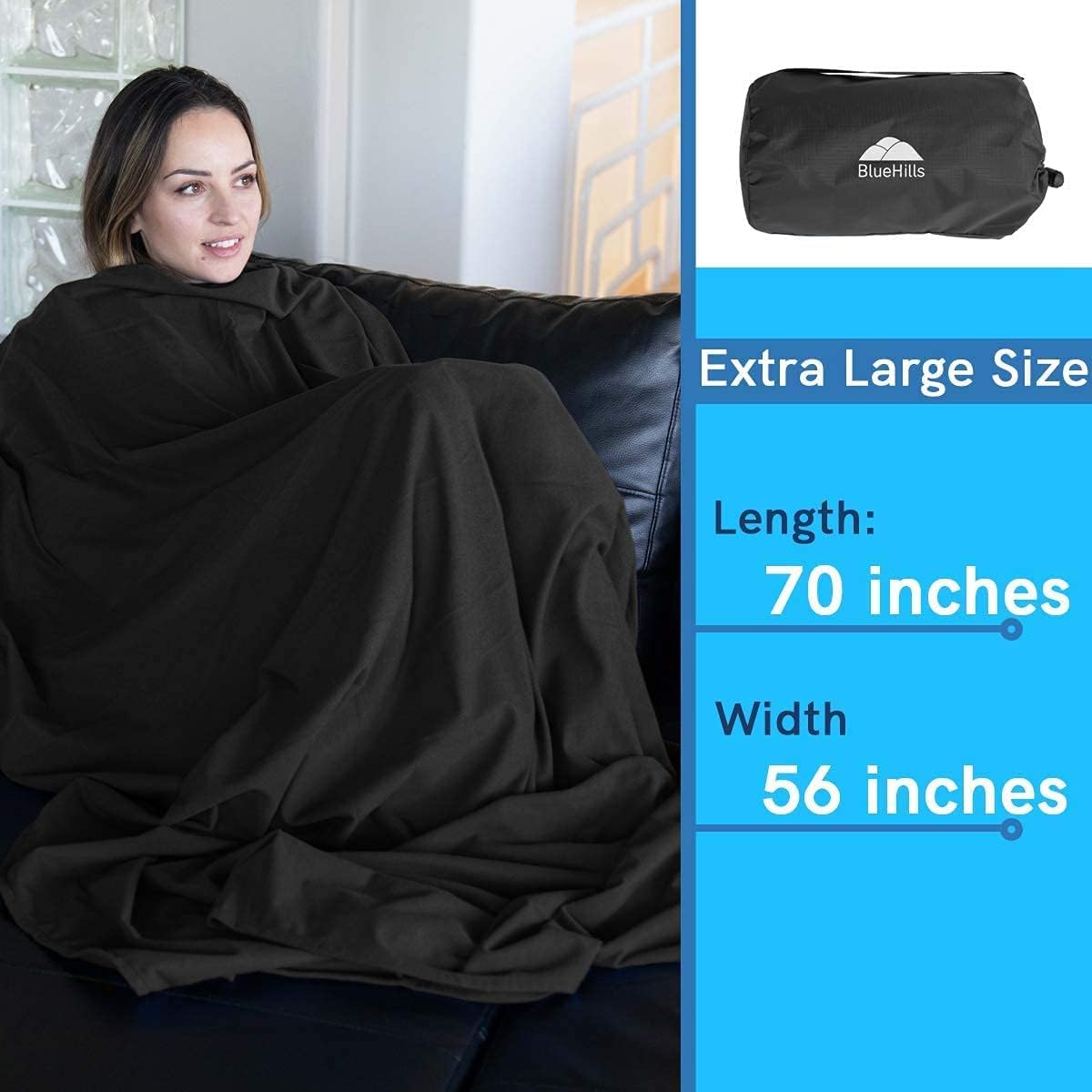 BlueHills Premium Soft Compact Travel Blanket Value Pack Set of 3 - Airplane Flight Blanket Throw in Soft with Luggage Belt Compact Pack Large Blanket for Travel Gray, Black and Royal Blue Color image 4