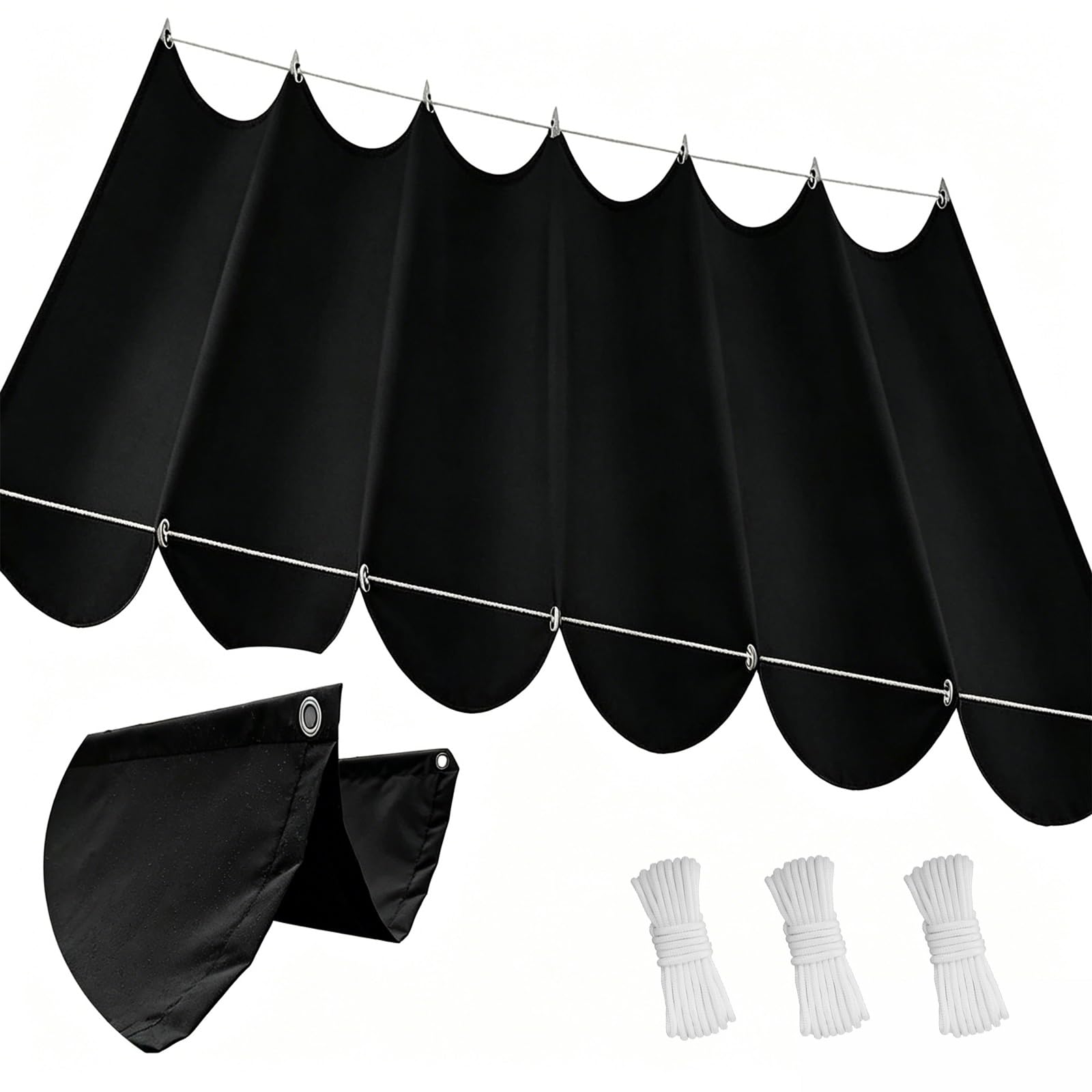 Toldo Retráctil de Onda 100 x 650 cm Impermeable Ondulada Toldos Exterior Protección Rayos UV Resistente Al Desgarro con Ojales y Cuerdas para Jardín Porche Patio Barbacoa, Negro