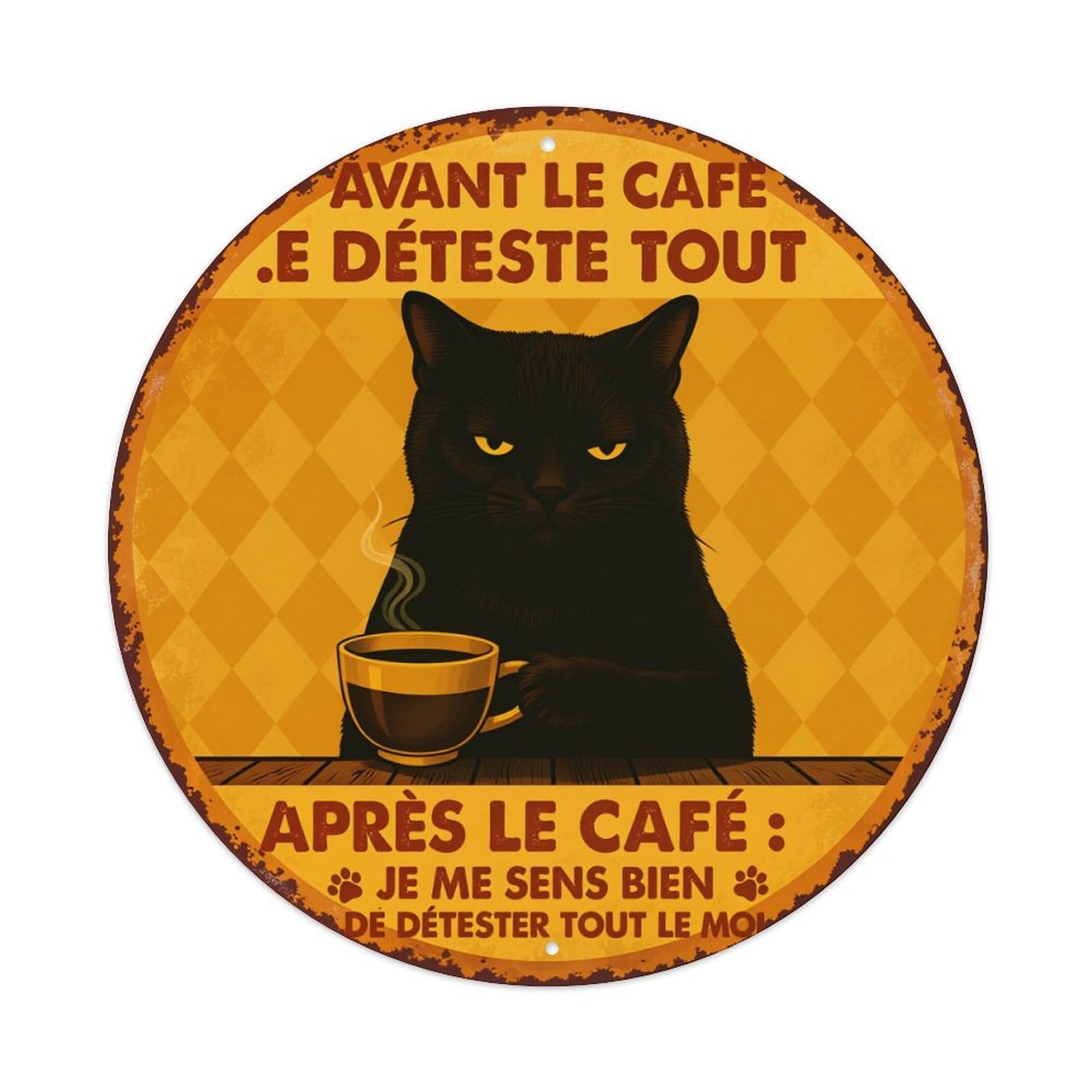 Black Cat Holding Coffee Cup With Text In French Metal Tin Sign Plaque