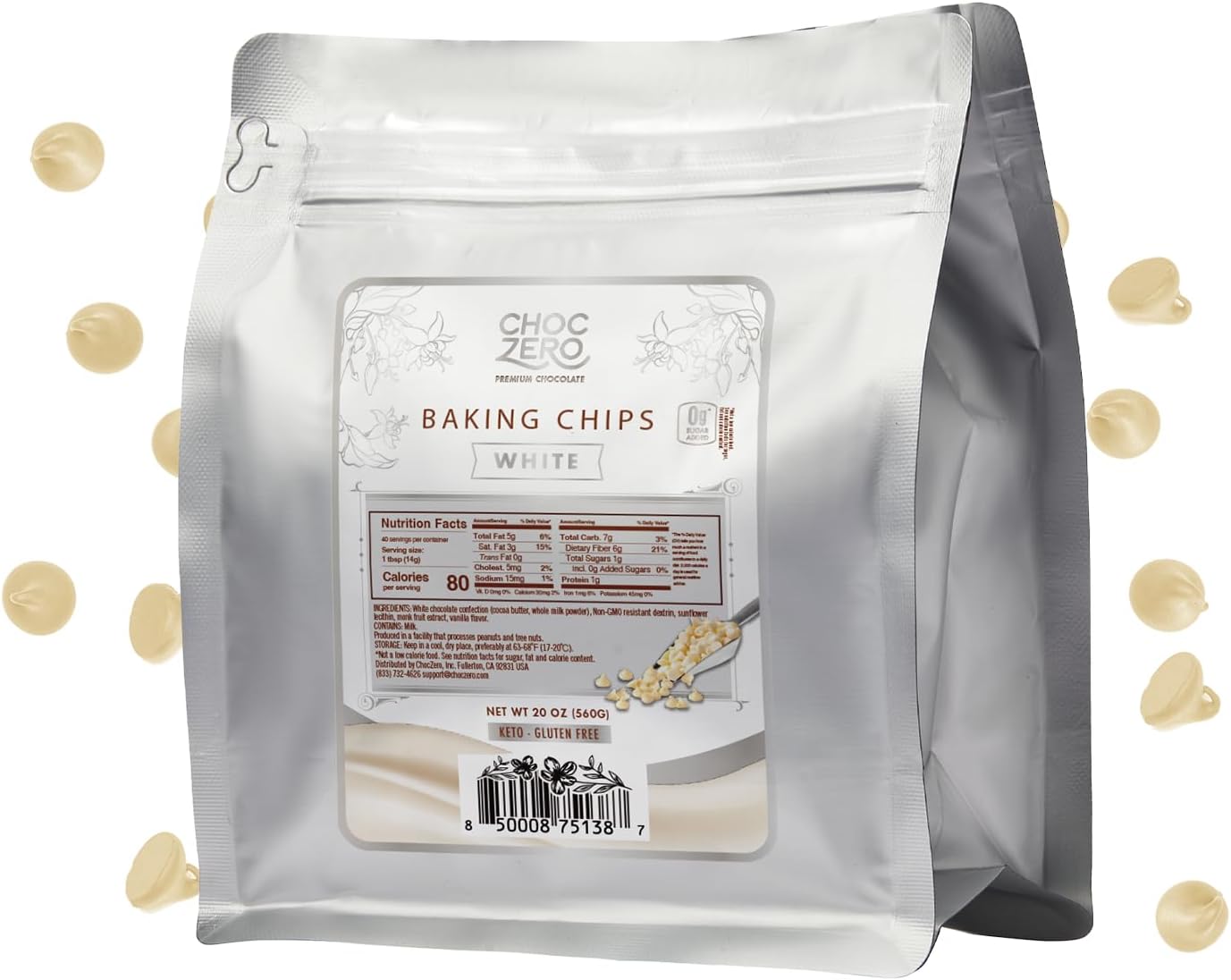 White Chocolate Baking Chips, No Sugar Added, 7 oz