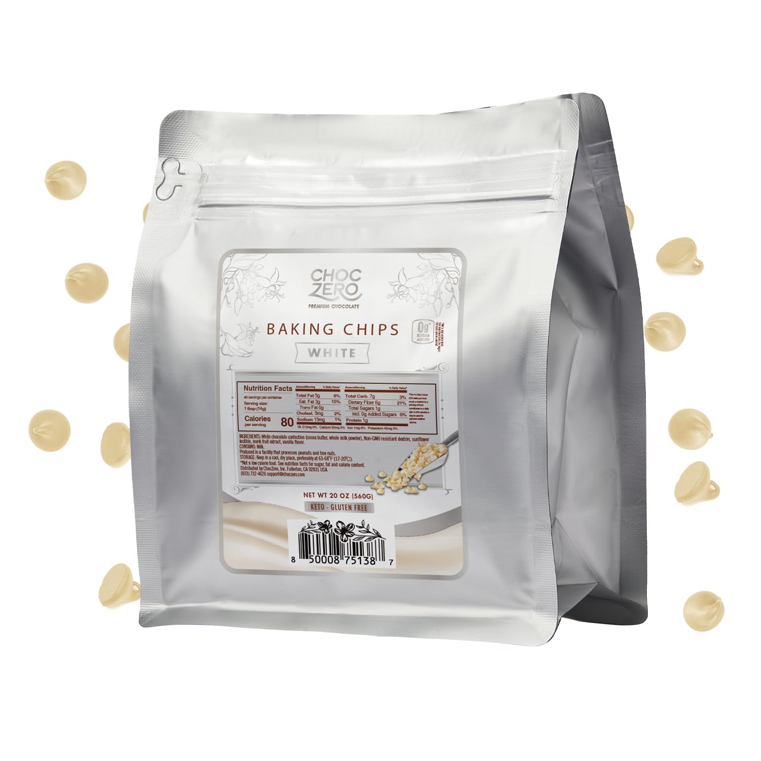 ChocZero White Chocolate Chips, No Added Sugar, Keto & Low Carb, Gluten Free, No Sugar Alcohols, 20 oz Bag for Baking & Desserts