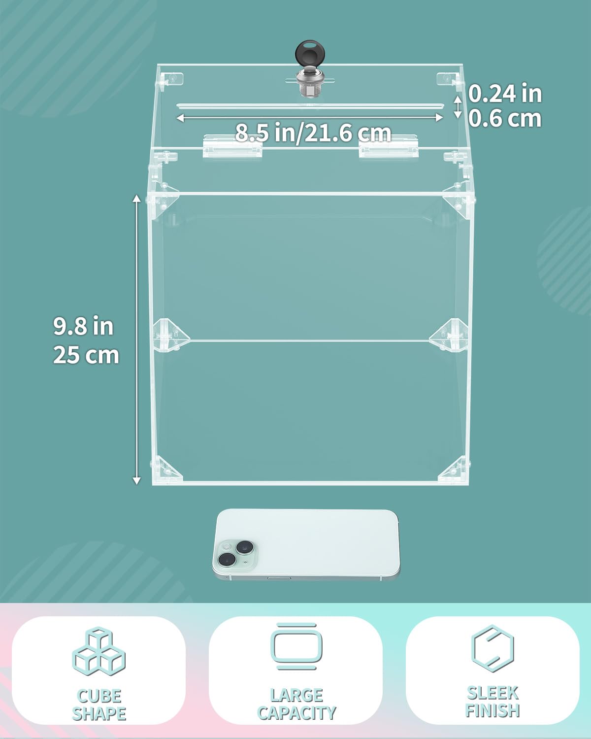 Uniclife Caja de donativos acrílico transparente con cerradura 25x25x25 cm cuadrada ranura