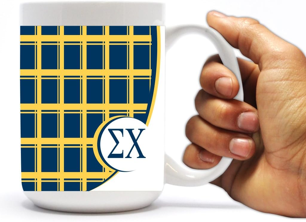 VictoryStore Ceramic Mugs - Sigma Chi, Yellow and Navy Blue Plaid Coffee Mug, 15 ounces