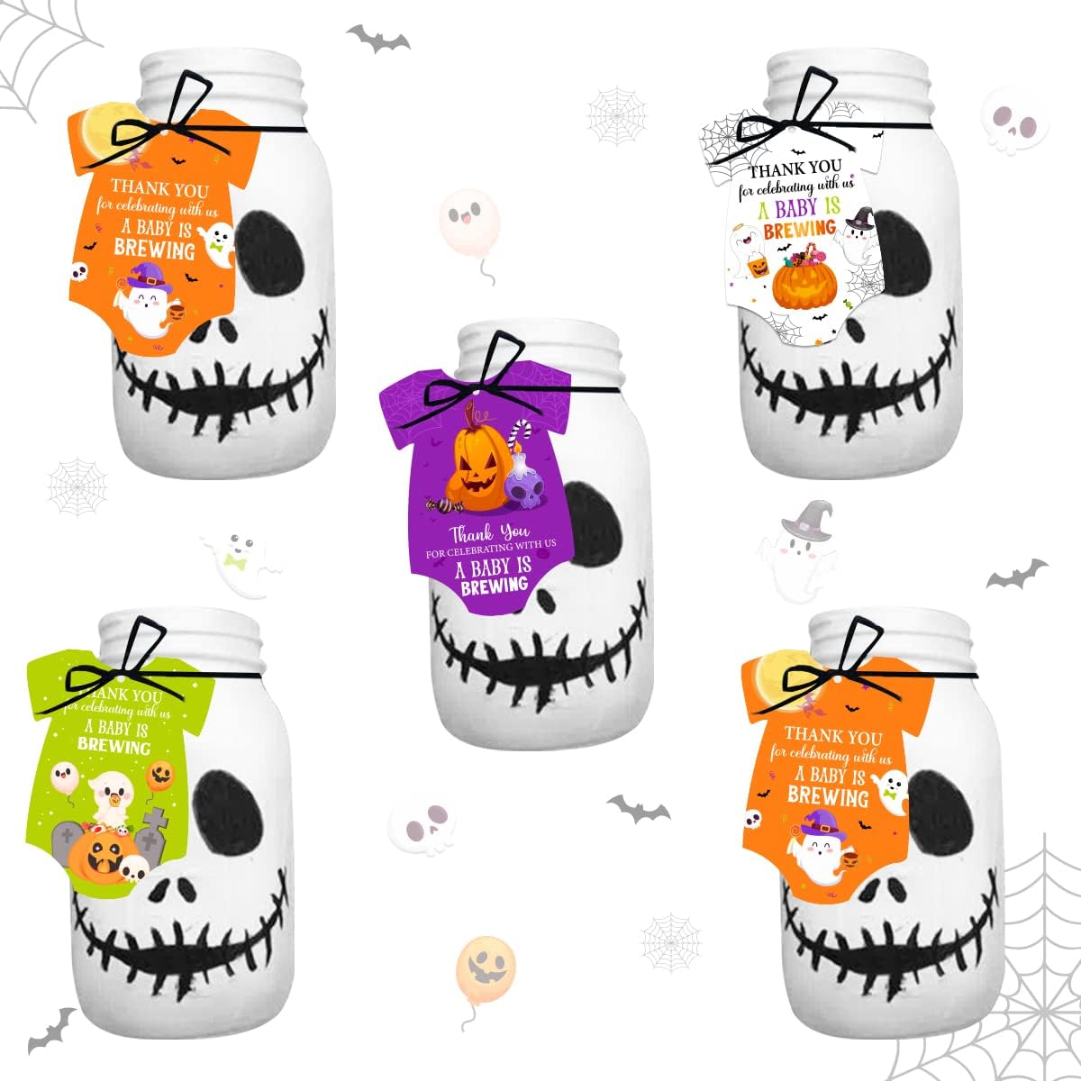 100 Pcs Halloween Baby Shower Favor Tags, A Baby Is Brewing Paper Present Cards with Ribbon, Thank You for Celebrating With Us Gift Tags Decorations for Gender Reveal Party