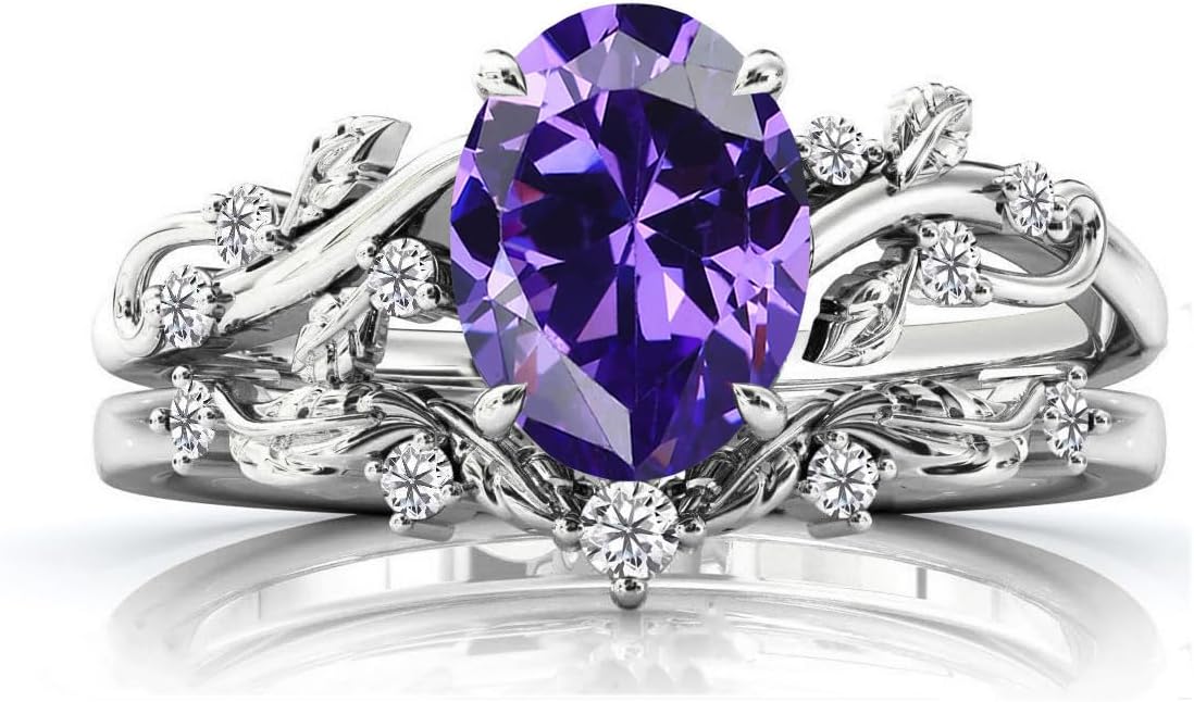 2CT Birthstone Ring Set 925 Sterling Silver Birthstones Engagement Ring for Women Leaf Design Moissanite/Moonstone/Opal Gemstone Ring Set Birthday Mother's Day Jewelry for Mom Girlfriend Wife