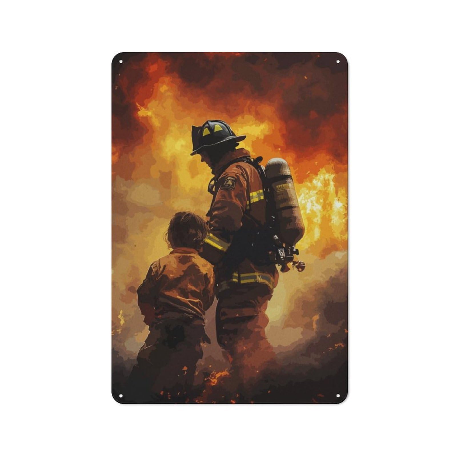 Junmoney Firefighter And Child Vintage Tin Sign 30X20cm For Guest Room Or Hallway, Suited To Home Decor Collectors