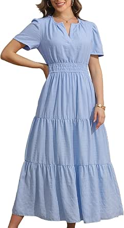 Rainday Maxi Dresses for Women Short Sleeves Casual Dress with Pockets