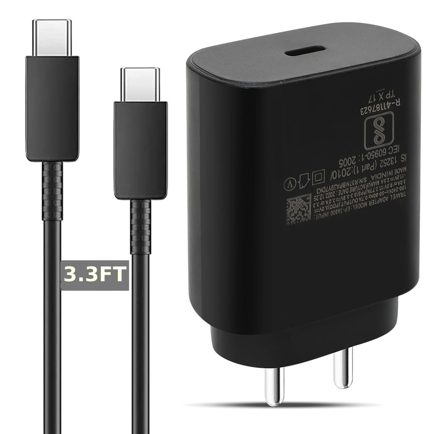 25W Type C Charger Super Fast Adapter with C to C 3.3Ft Cable Wall Charging Block Compatible for M14/A14/F14/M33/F23/A34/A54/F54/F34/M34 5G Cellular Phone, 25 Watt, Black