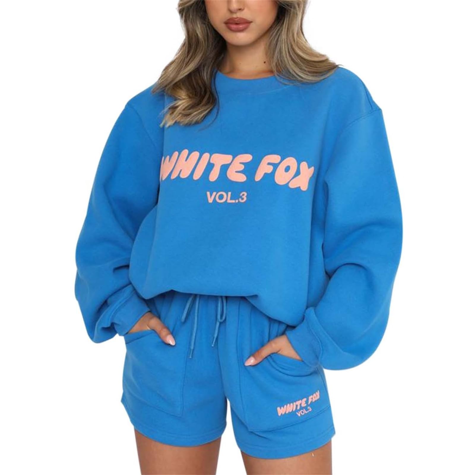 XeonZKneWomen's 2 Piece Tracksuit Set Oversized Two Piece Outfit Long Sleeve Pullover and Short Sweatpants Y2K Activewear