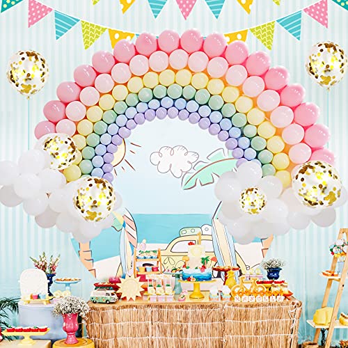 296PCS Rainbow Balloons Arch Garland Kit Macaron 7 Colors Latex Balloons and Confetti Balloons with Crystal Strings and Hooks for Baby Shower Birthday Party Wedding Decorations (Pink, White, Blue)