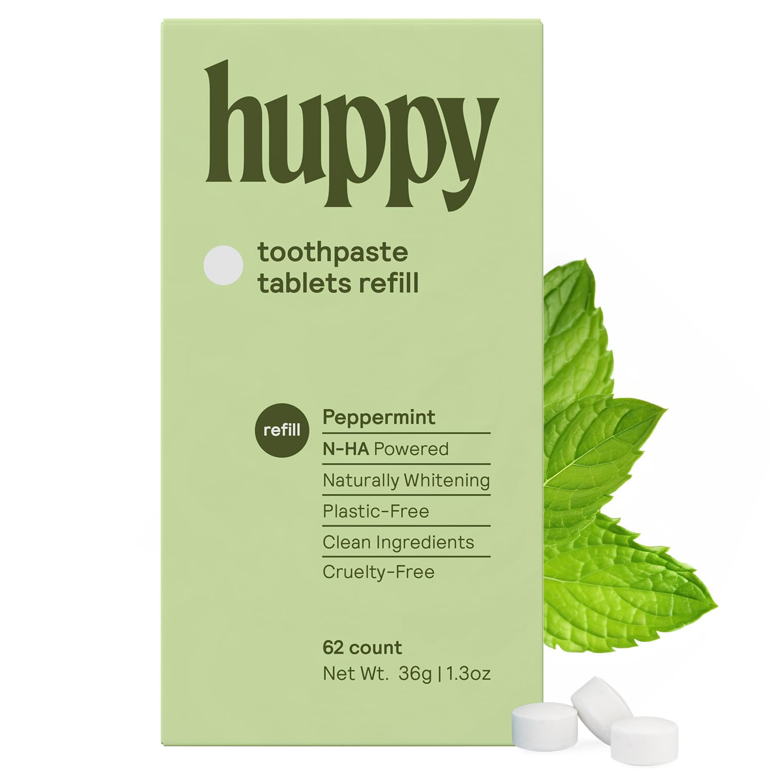 HUPPYToothpaste Tablets, Nano Hydroxyapatite Toothpaste - Natural Whitening, Fluoride Free and Remineralizing Tablets - Travel Hydroxyapatite Tabs (One Month Refill No Refillable Tin)[Amazon-developed Certification] Compact by Design
