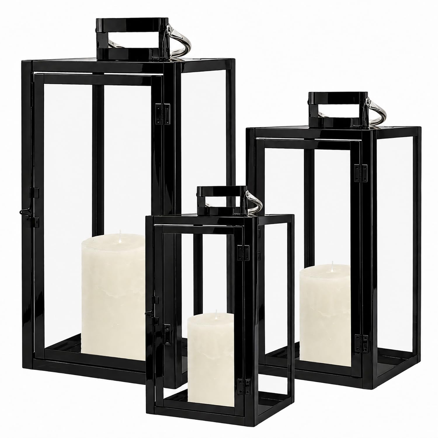 Mojawo 3er Set Windlicht Gartenlaternen Laternenset Laterne Metall Glas Aussen Schwarz H30/40/53cm