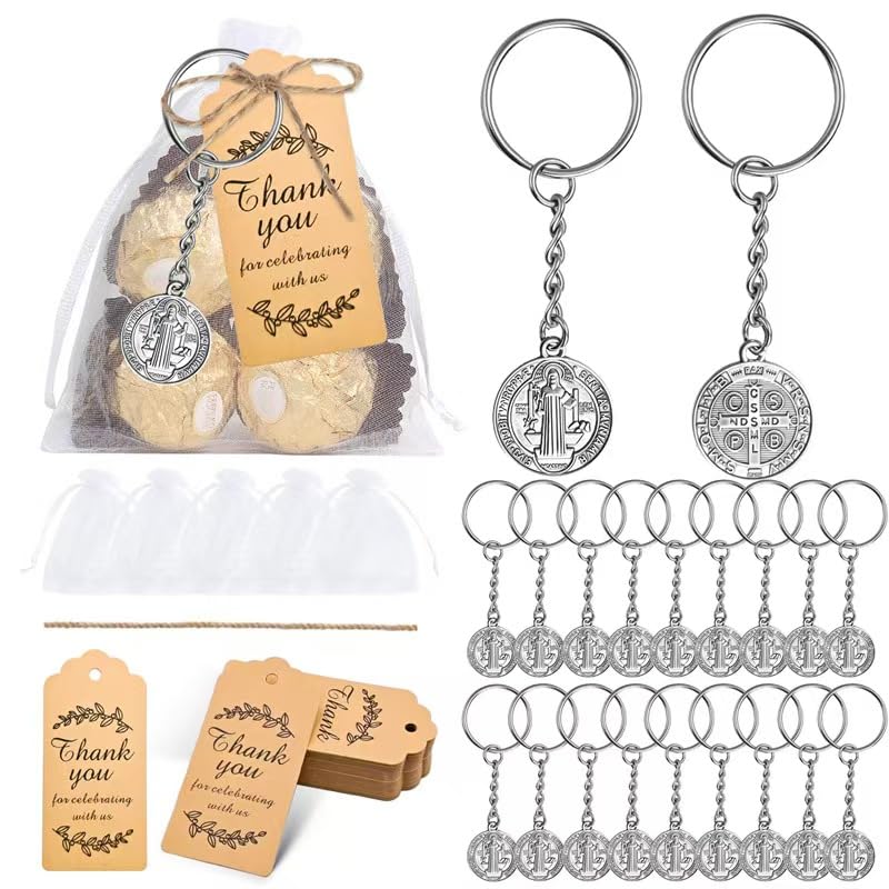 Aizhuang 50Pcs St Benedict Medal Keychain, Cross Protection Saint Pendant with Organza Bags Kraft Tag Jute Rope Pocket Prayer Medal Catholic Baptism