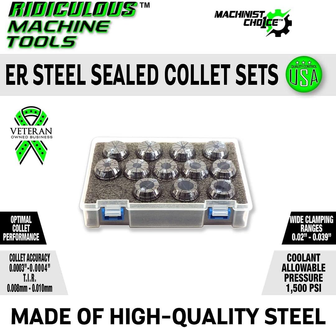 1/8-1/2" ER20 STEEL SEALED Spring Collets INCH 7 Piece Set (0.0003" T.I.R.) Coolant Collet 1500 MAX PSI Machinist Choice