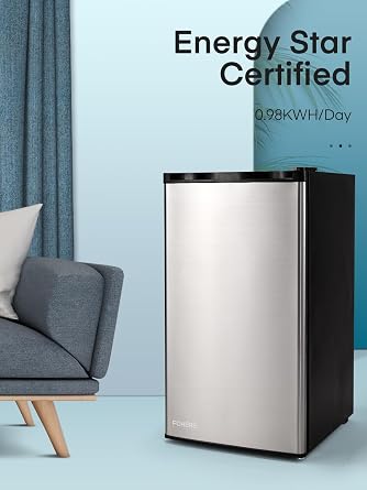 FOHERE 3.2 Cu. Ft Small Refrigerator with Freezer, Compact Mini Fridge with 7 Level Temperature Control, Removable Glass Shelves for Bedroom, Office, Dorm, Stainless Steel, BC-90U-E