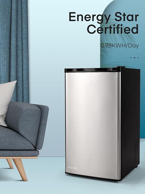 FOHERE 3.2 Cu. Ft Small Refrigerator with Freezer, Compact Mini Fridge with 7 Level Temperature Control, Removable Glass Shelves for Bedroom, Office, Dorm, Stainless Steel, BC-90U-E