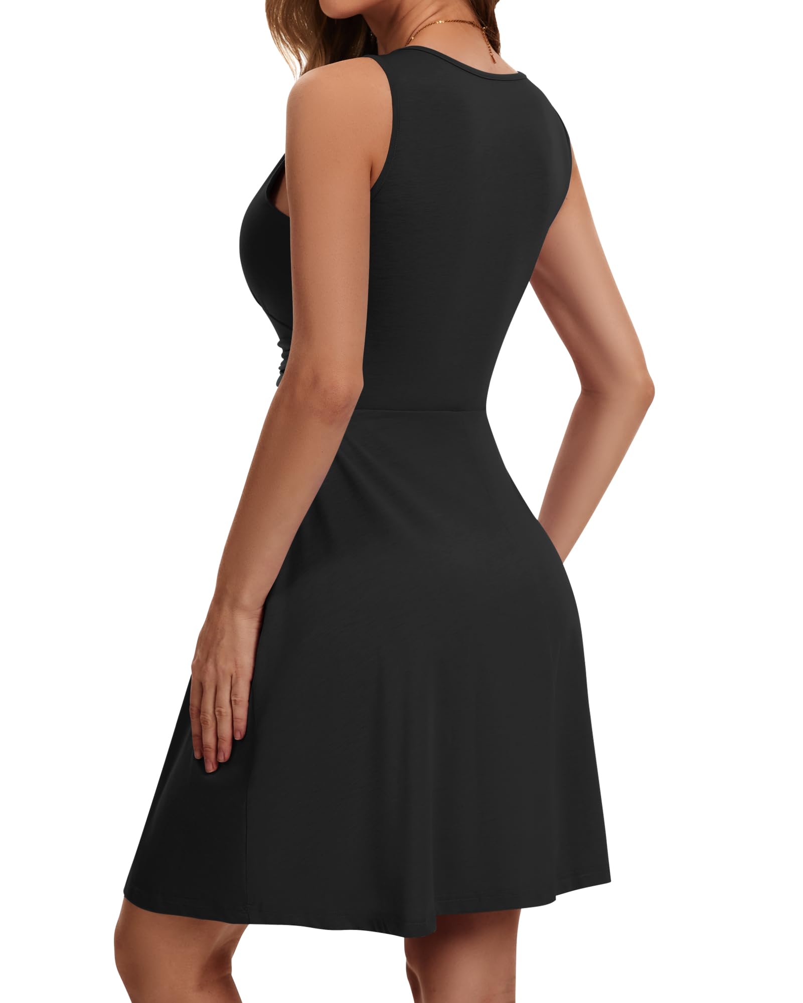 WNEEDU Robe Été Femme sans Manches à Col V Robe de Loisir Taillée Mini au Genou Robe de Plage Légère avec Poches