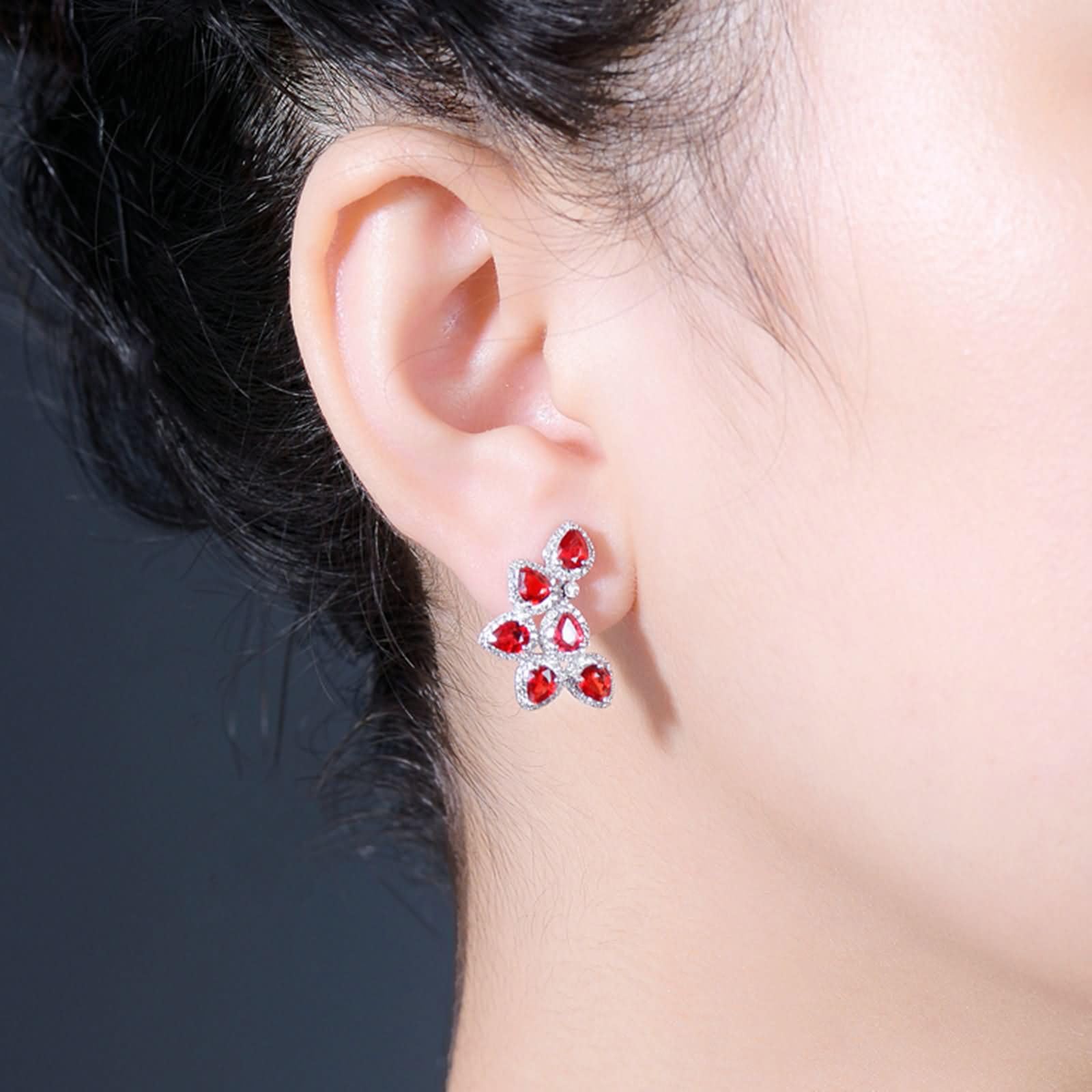 Ohrringe 9K / 14K / 18K Weißgold für Damen, Wassertropfen mit Saphir und Diamant, Damen Ohrringe Ohrstecker Silber Rot