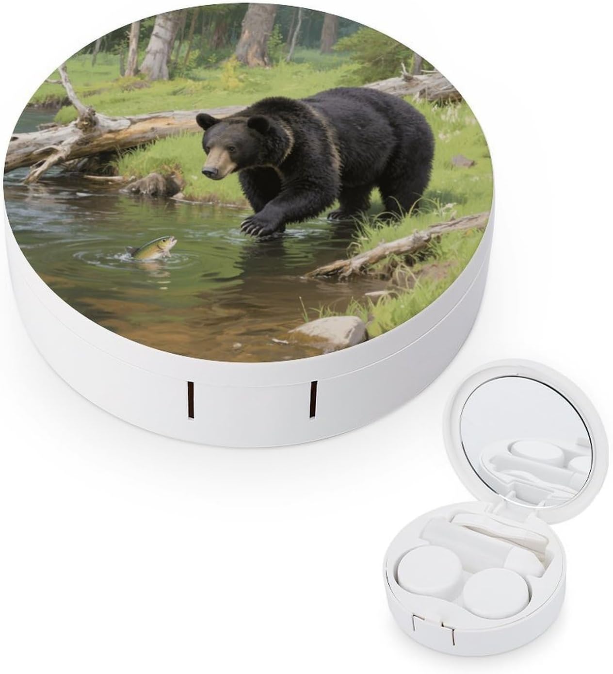 Black Bears Fishing in The Stream Round Contact Lens Case, Travel Contact Lens Case with Mirror And Tweezers, Portable Holder Container for Home Travel Shopping And Daily Life