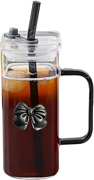 400ML Glass Cups with Lids and Glass Straws,Iced Coffee Tumbler Cups,Clear Cute Bowknot Glass Cup,Lovely Pink Delicate Glass Milk Mug Smoothie Juice Bubble Tea Cup for Women Girls Black