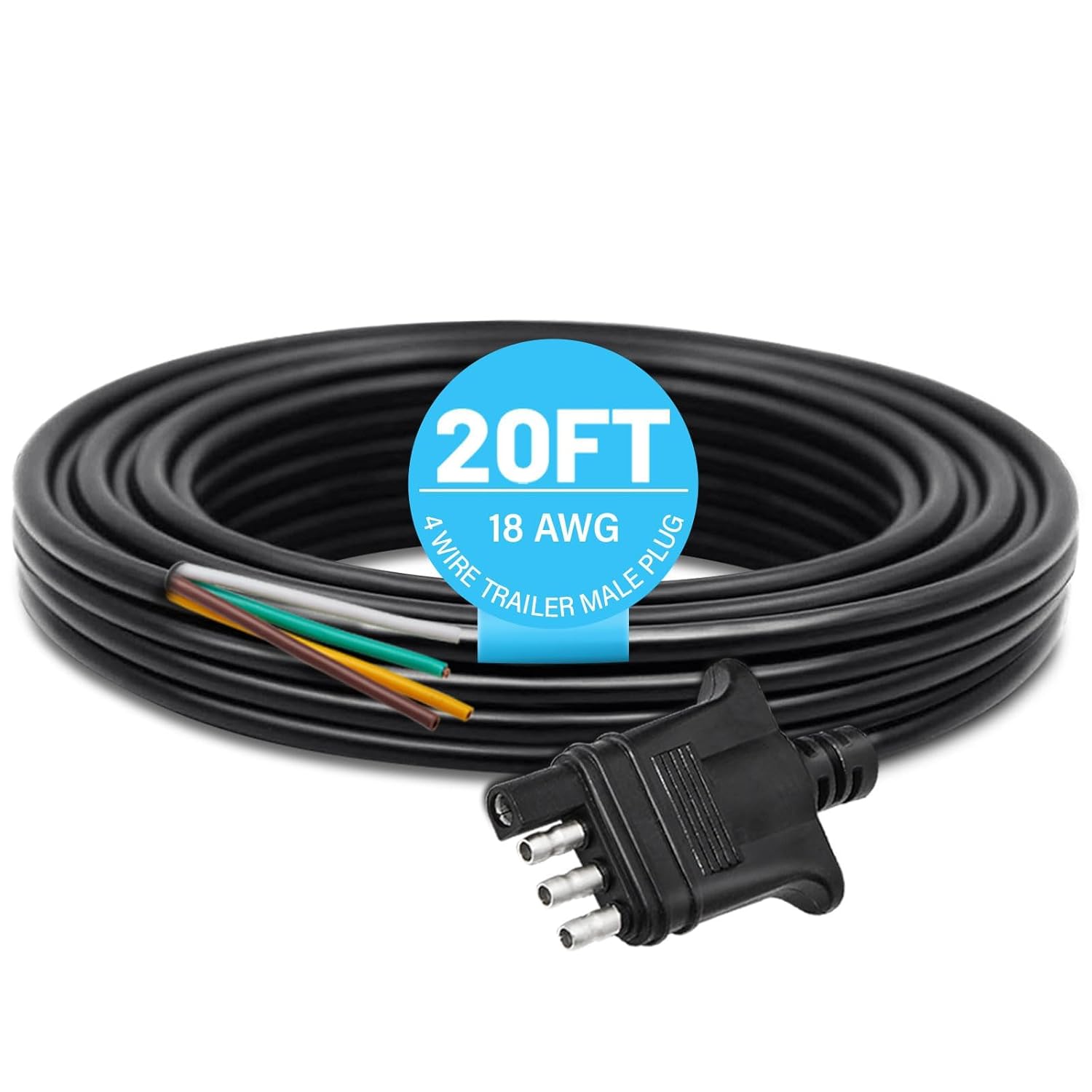 MECMO 4 Way Trailer End Connector Wire 20 Feet with Jacketed Cable, Heavy Duty 18AWG Color-Coded Pure Copper Trailer-Side Male Pin Flat Hitch Wiring Harness Utility Boat Light MEU2233-20FT