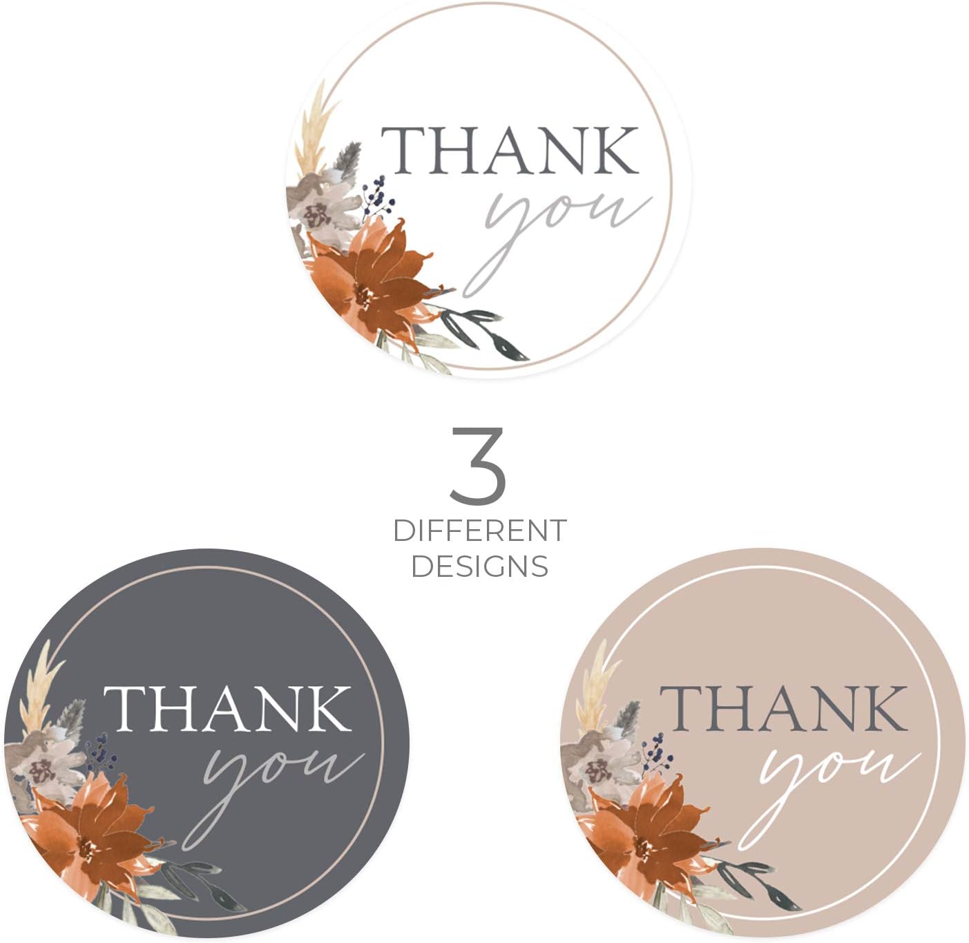 Indie Autumn Floral Thank You Labels - 250 Fall Flower Stickers - 1.5" Round Stickers - 3 Beautiful Thanks Designs