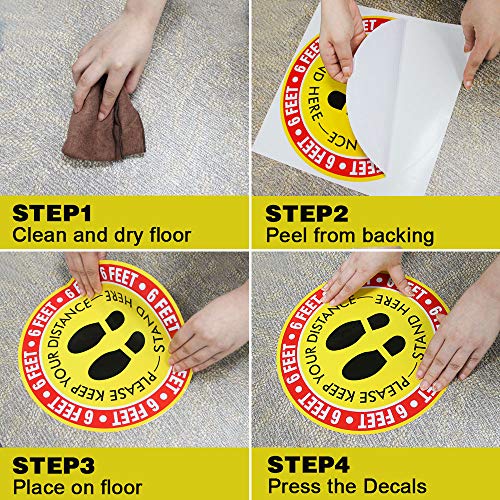 COPACHI Social Distancing Floor Decal Stickers, 6 Feet Notice Floor Sign for Queues, Lines, Anti-Slip Floor Sign Marker, Commercial Grade, 11\" Round (Yellow-Red, 5Pack)