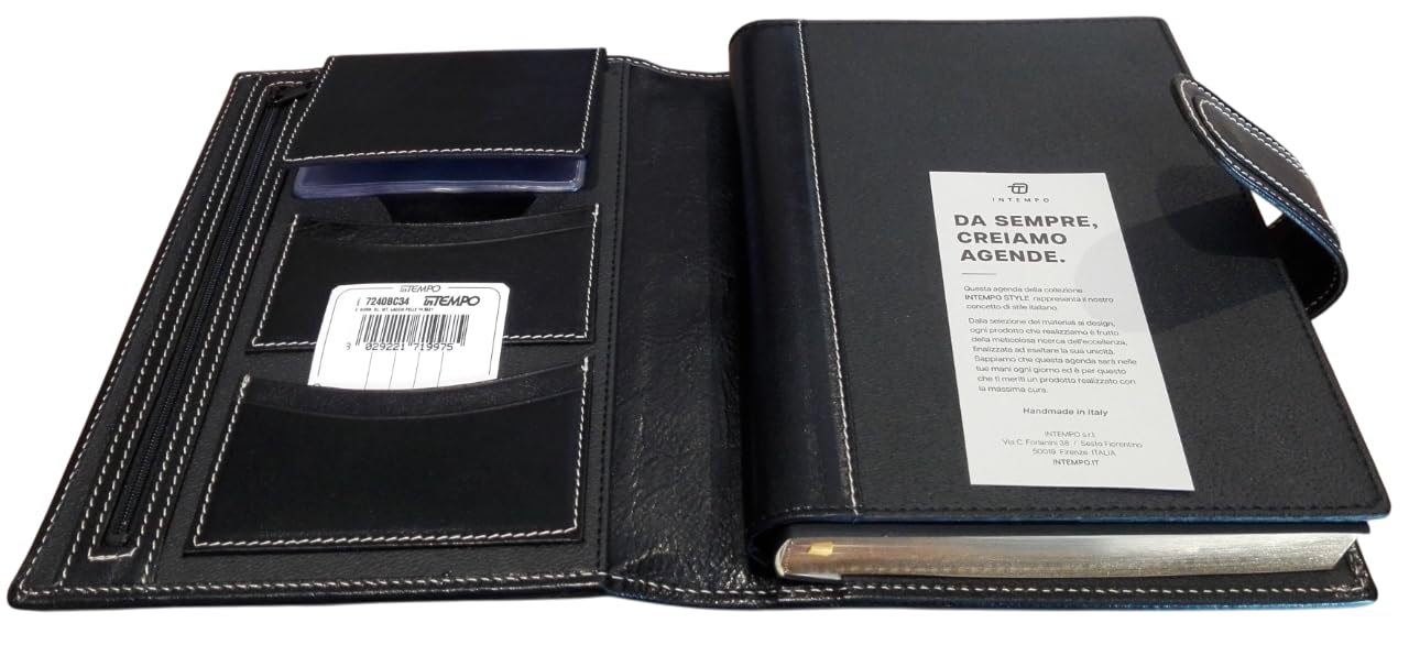 Agenda Intempo 2025-12 Mesi Giornaliera Bussines Class in Vera Pelle Nera 15 x 21 cm per uso quotidiano, ufficio, viaggio - Interno intercambiabile
