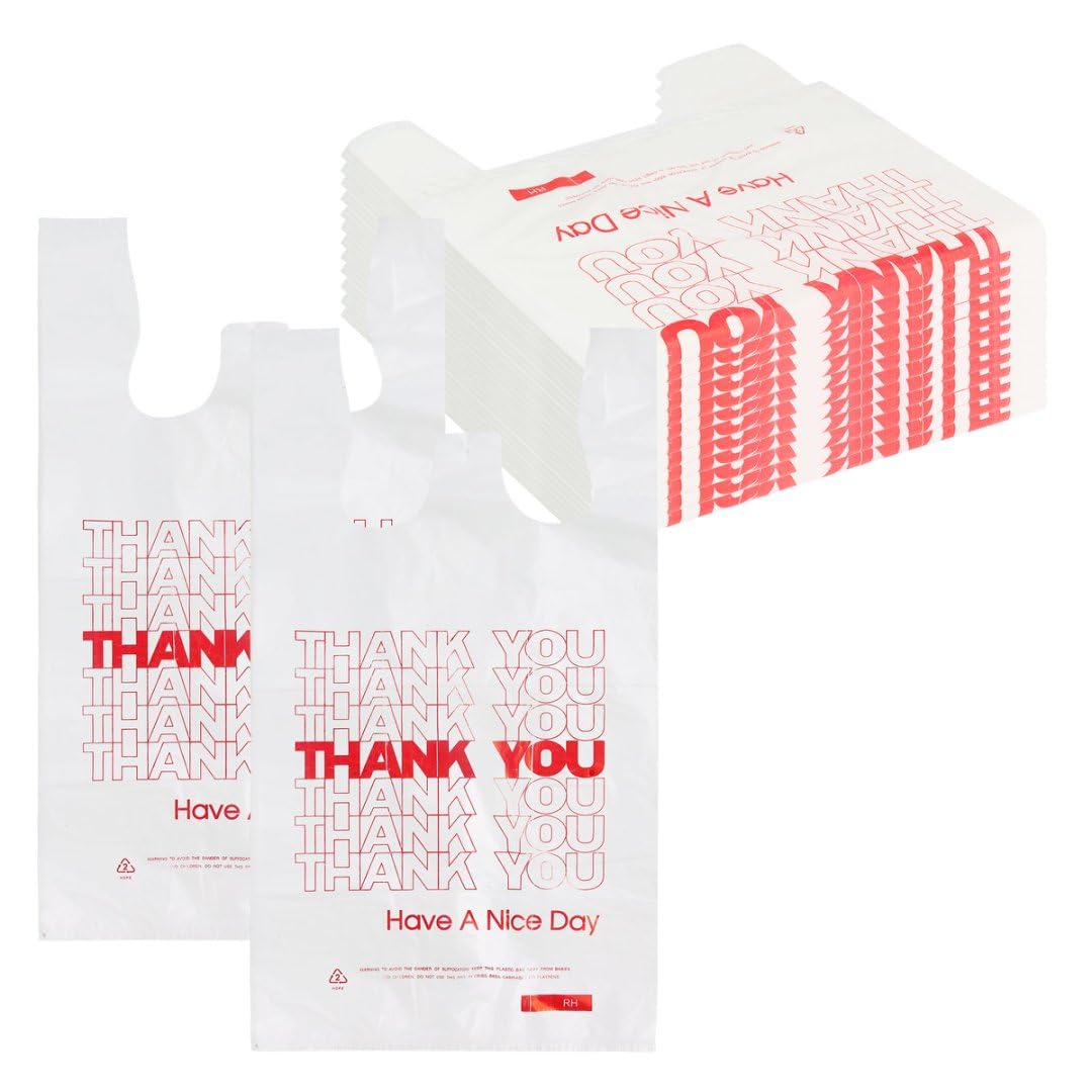 ROYALNA 100 count White/Red Thank you (12" x 6.5" x 21") Plastic T shirt Grocery shopping bags Reusable and Disposable for Restaurants, Convenience
