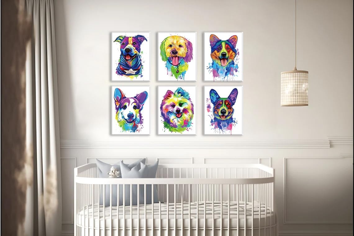 Watercolor Dog Canvas Wall Art, Cute Dog Canvas Wall Decor, Funny Animal Canvas Prints, Family Pets Posters - Bedroom Watercolor Original Artwork Prints, Set of 6 (8X10 Framed