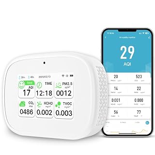 18-in-1 Smart Air Quality Monitor - Indoor WiFi Air Quality Detector with Dual Chip, Real-Time for AQI, CO2, PM2.5, PM1.0, PM10, TVOC, HCHO, Time Display, Temperature & Humidity with APP (White-White) - Amazon product rated Grade A