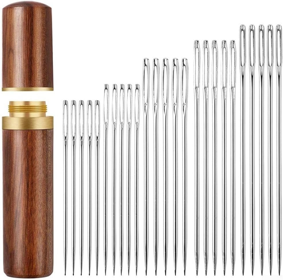Premium Sewing Needles Set with Wooden Needle Case 25 Large Eye Needles for Hand Sewing and Embroidery