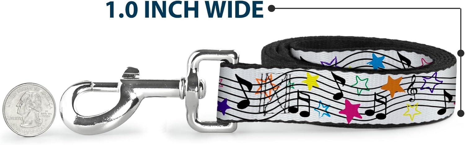 Buckle-Down Pet Leash - Music Notes Stars White/Black/Multi Color - 6 Feet Long - 1" Wide