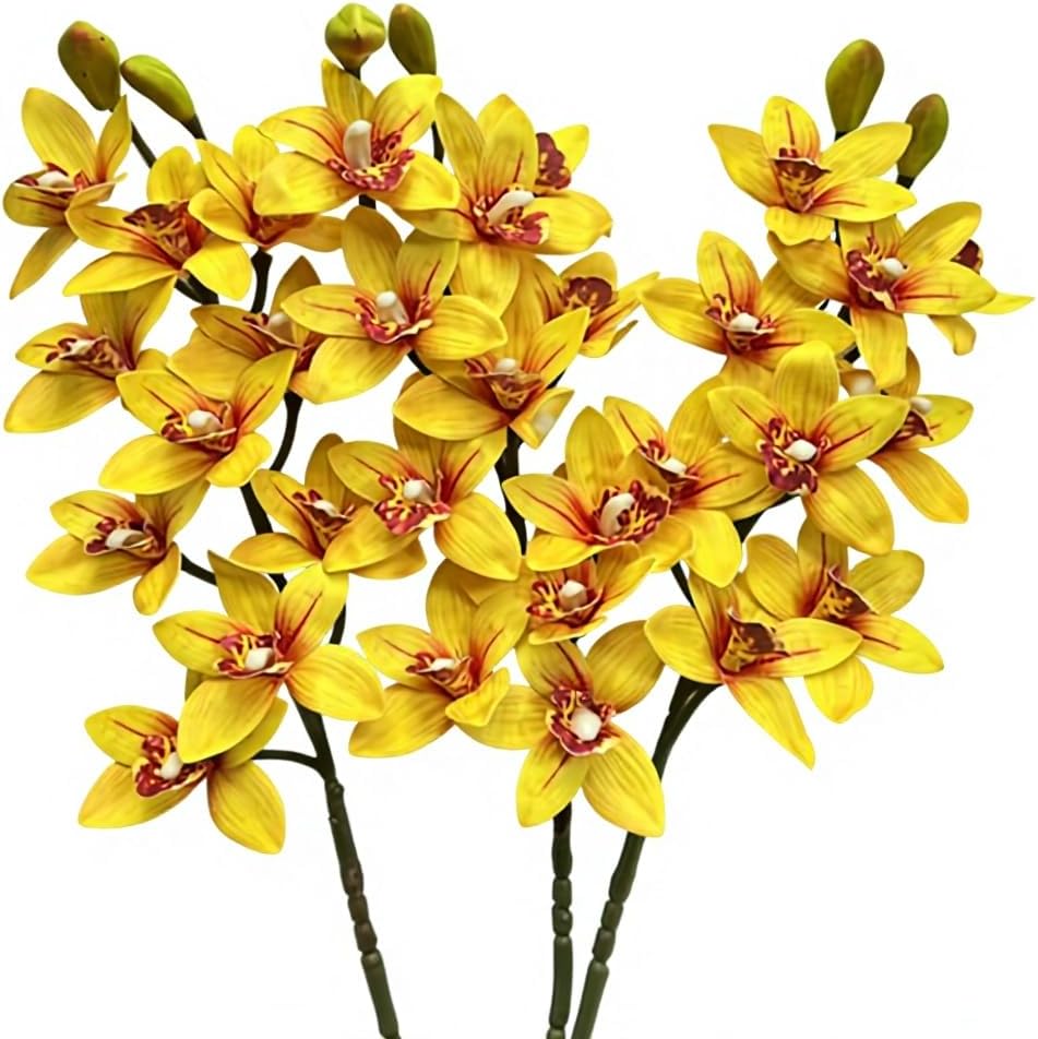 4pcs Green Cymbidium Orchid Flower 10 Heads Artificial Fake Latex Phalaenopsis Flowers for Wedding Centerpieces Home Hotel Floral Arrangment Decor (Green)