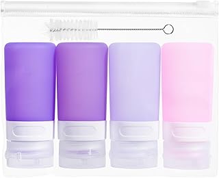 Condiment Squeeze Bottles for Sauces, 2-oz Mini Silicone Salad Dressing Container to Go with Snack Storage Bag, Leakproof Sauce Bottles for Lunch Box, 4 Pack, Purple