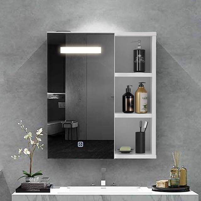 OFCASA 1 Door Bathroom Mirror Cabinet with LED Lights Wall Mounted Bathroom Mirror Storage Cabinet with Adjustable Shelf Cabinet for Bathroom Shower Room