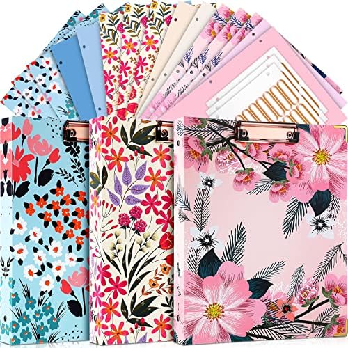Sabary 3 Pieces 3 Ring Binder with Clipboard Folio with 15 Tab Binder Dividers 8.5" x 11" Cute Binder Holds Paper Three Ring Binder for School Office Supplies (Floral Style)
