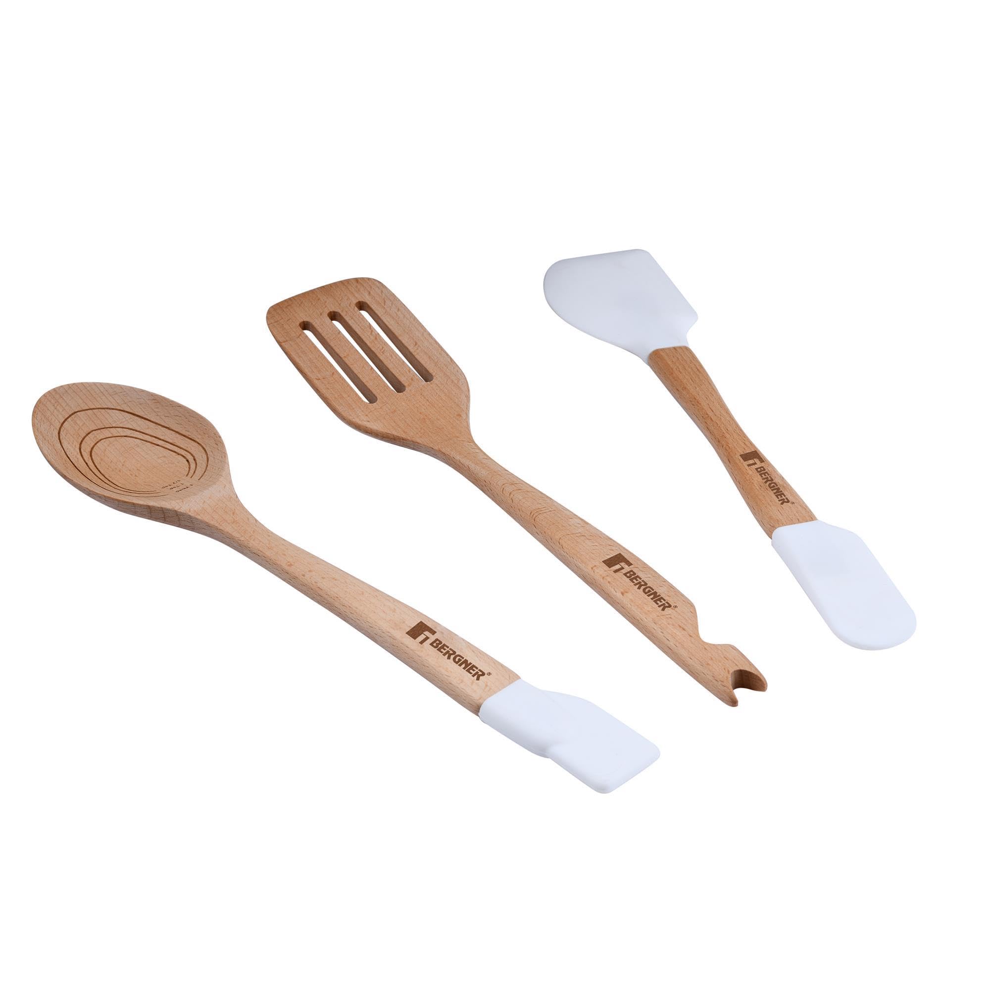 Kochgeschirr-Set, 10-teilig, Beige/abnehmbarer Griff, 3 Pfannen, 2 Töpfe, Deckel und Utensilien + 3-teiliges Küchenhelfer-Set aus Silikon und Holz