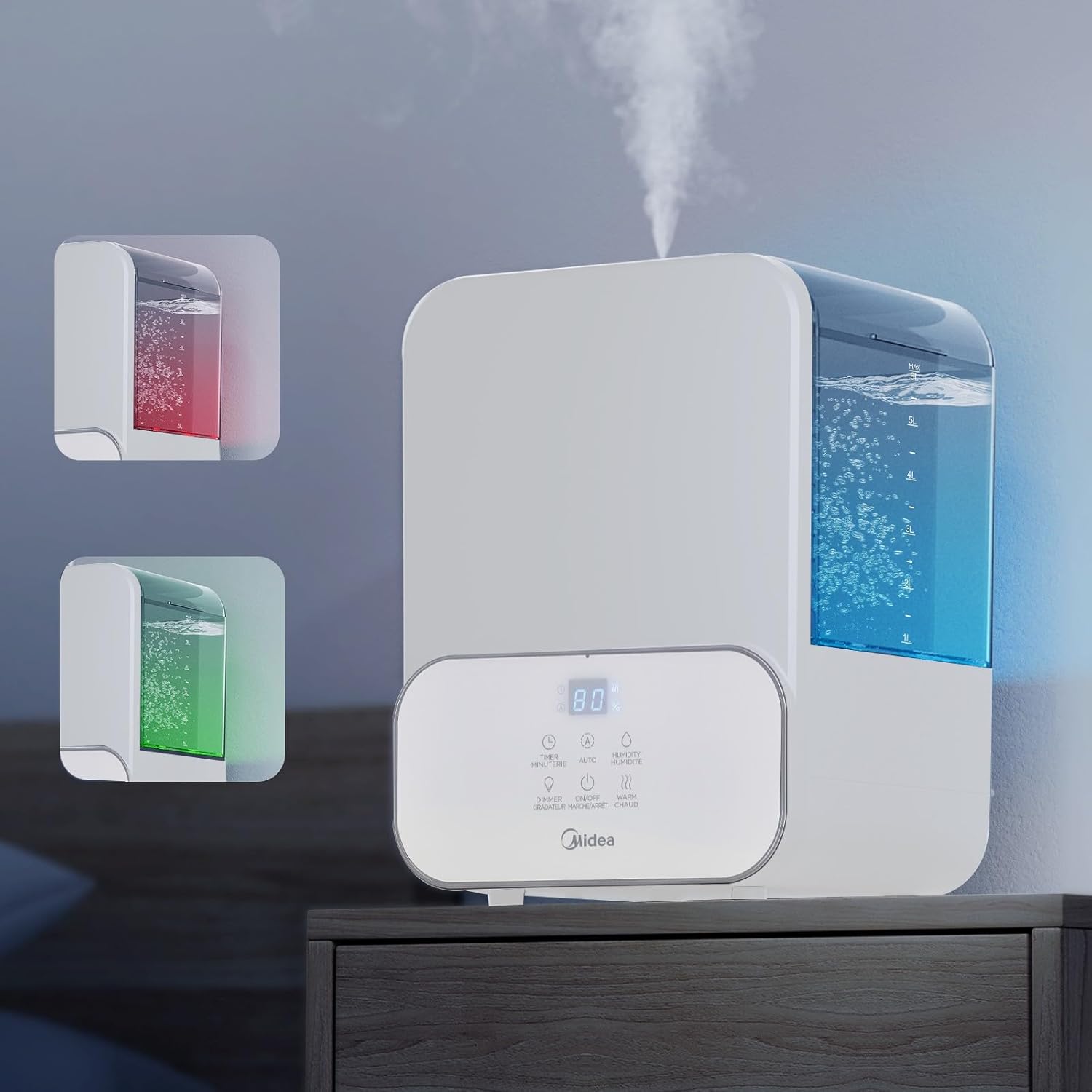 Midea SCK-3Q60B Humidifier with examples of its blue and red night light options.