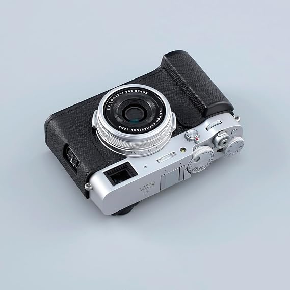 Camera Half Case for Fujifilm Fuji X100VI,Vintage Metal Genuine Leather Instant Camera Protective Cases Stylish Portable Shockproof (Black)