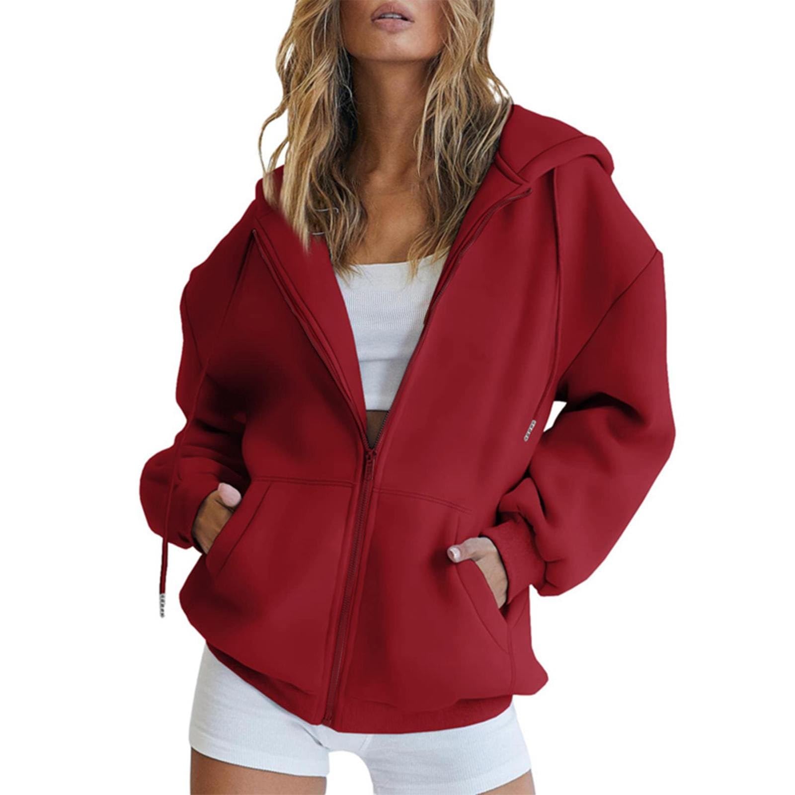 Fall Sweatshirts for Women Zip Up Hoodies Oversized Sweatshirt Y2K Clothing Casual Drawstring Jacket with Pockets