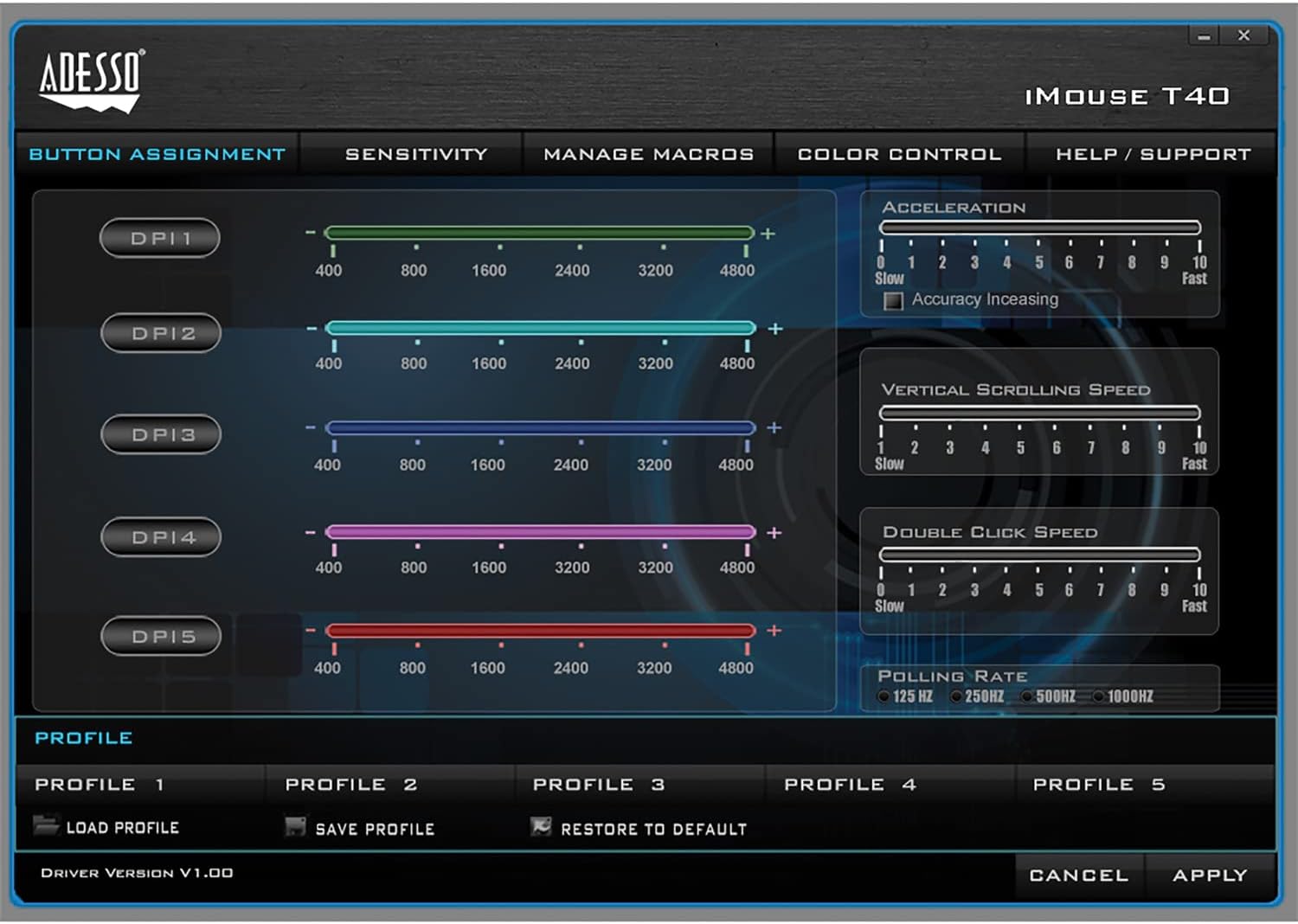 Adesso iMouse T40 Wireless Ergonomic Finger Trackball Mouse with Nano USB Receiver, Programmable 7 Button Design, and 5 Level DPI Switch, for Left and Right Hand