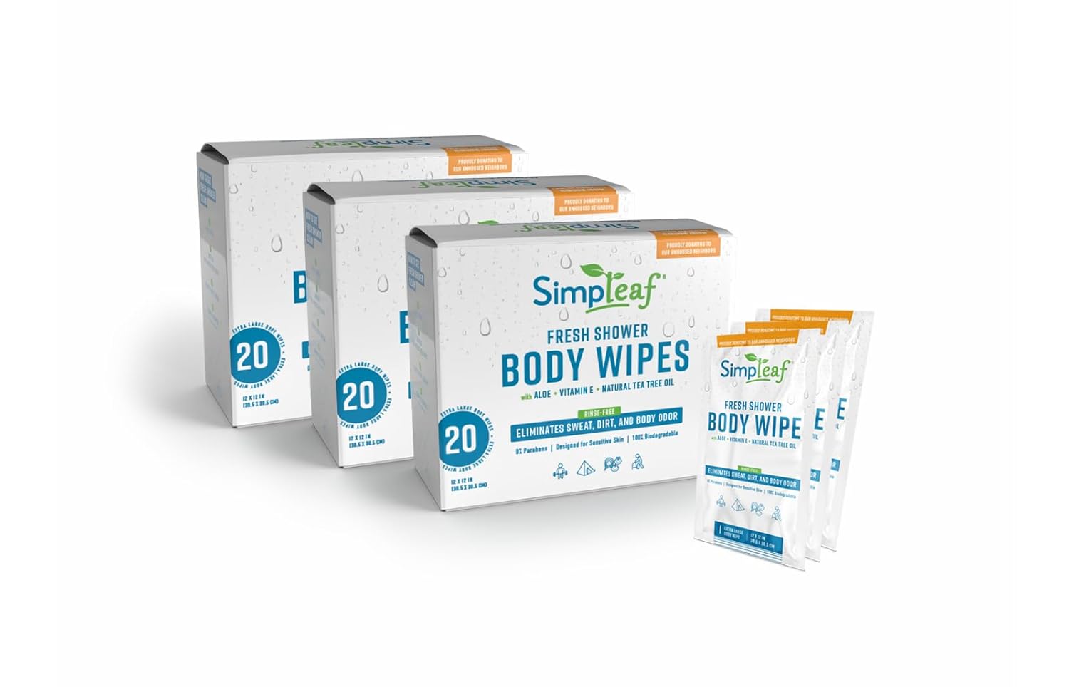 Simpleaf Body Wipes Rinse Free - XL 12" x 12" Shower Wipes - Eco-Friendly, Paraben & Alcohol Free - Hypoallergenic, Safe For Skin Bathing Wipes - Bath Wipes For Adults No Rinse (3 x 20 Count) Pack