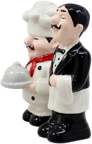 Miniatura 5 de Ebros Gift Juego de figuras magnéticas de cerámica para jefe de chef y camarero, salero y pimentero, 4.25 pulgadas de alto
