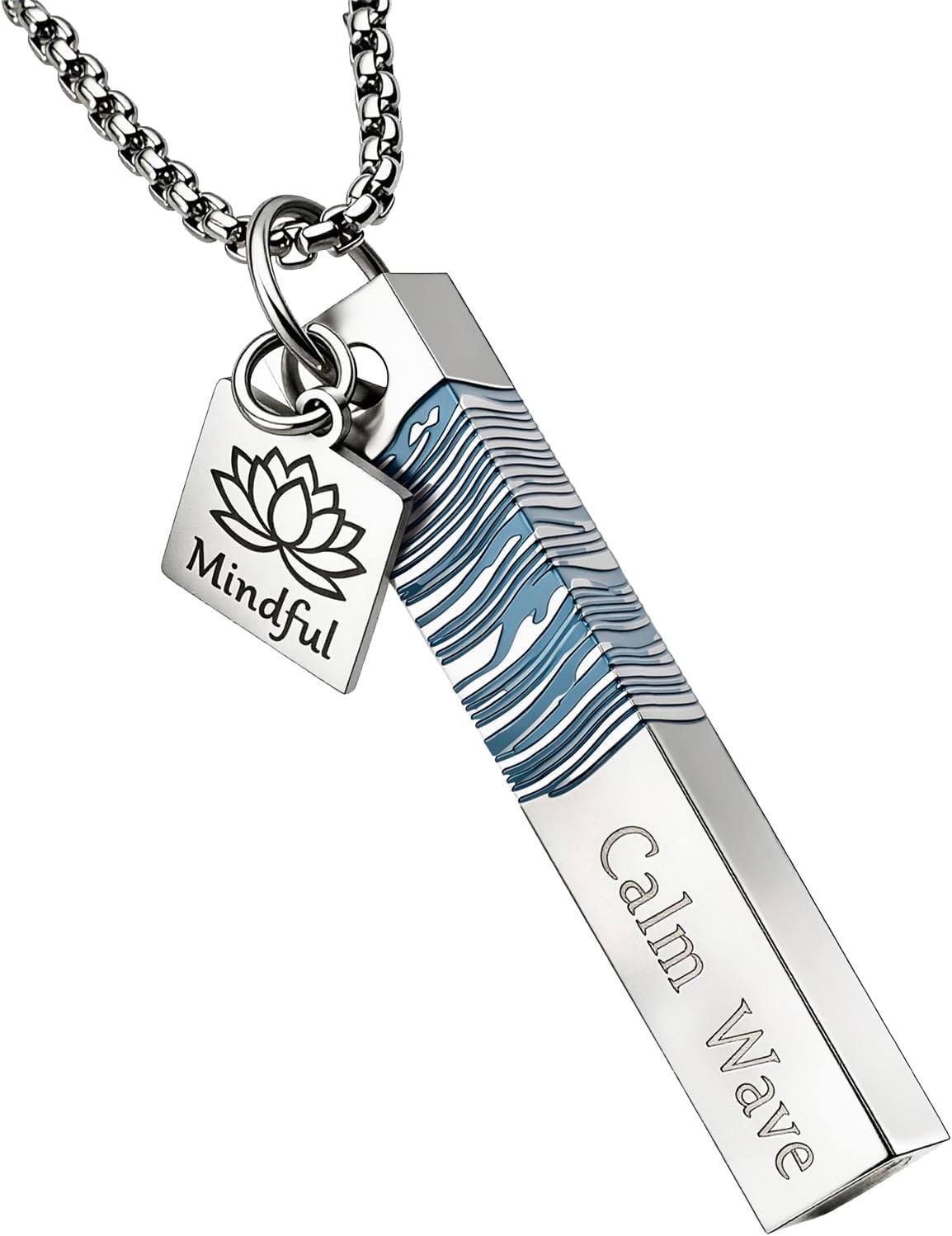 Mindful Breathing Necklace 4-7-8 Anxiety Relief Tool - Square Stainless Steel Tube Pendant with Sea Wave Etching & “Calm Wave” Text, Lotus & “Mindful” Charm, Hypoallergenic Calming Jewelry for Women Men
